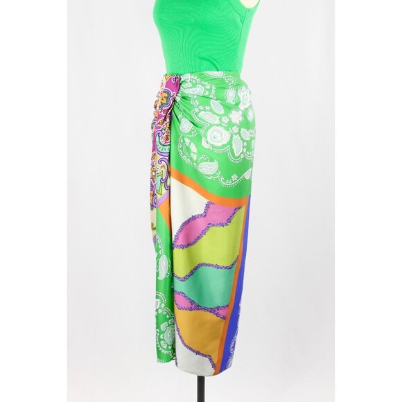 ZARA Patchwork Scarf Print Satin Twill Knotted Maxi Pareo Sarong Skirt, Size XS - Picture 5 of 14